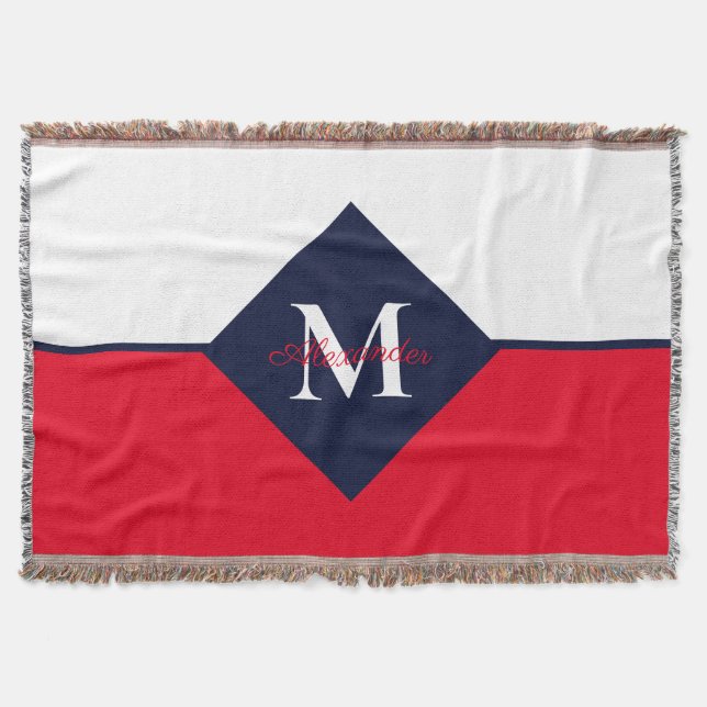 Couverture Nautique moderne Marine bleu Monogramme rouge mat (Devant)