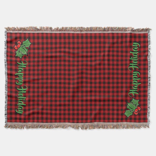Couverture Noël classique Red Plaid Holly baies feuilles (Devant)