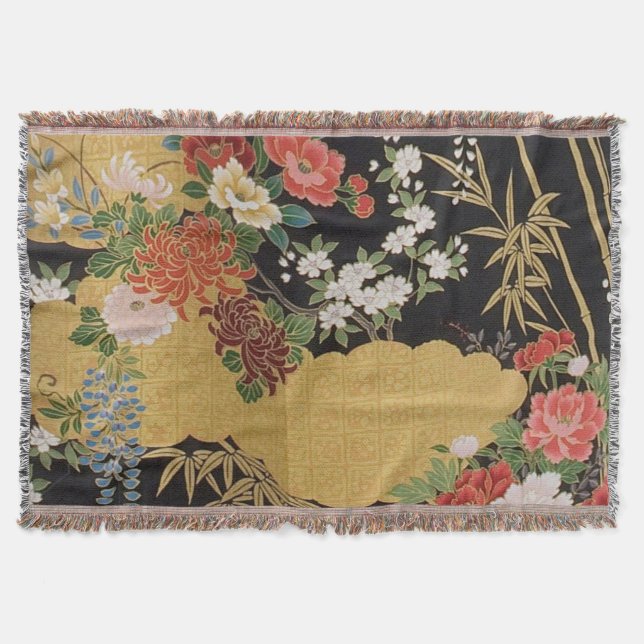 Couverture Noir et or traditionnel japonais Kimono floral (Devant)
