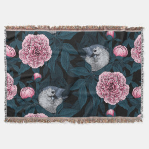 Couverture Oiseaux et fleurs de pivoines roses avec feuille