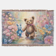 Ours en peluche et lapin dans un jardin pastel