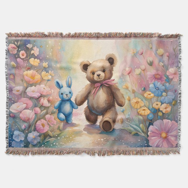 Couverture Ours en peluche et lapin dans un jardin pastel (Devant)