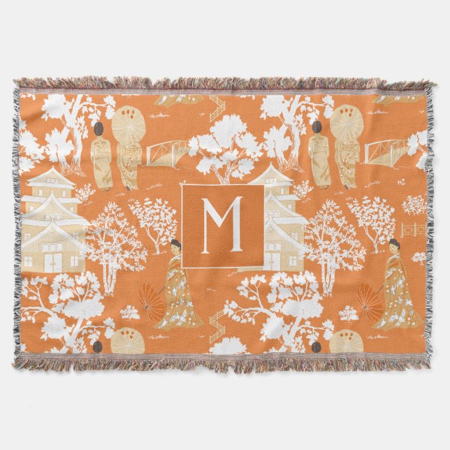 Couverture Pagode de la Chinoiserie orange Monogramme (Devant)