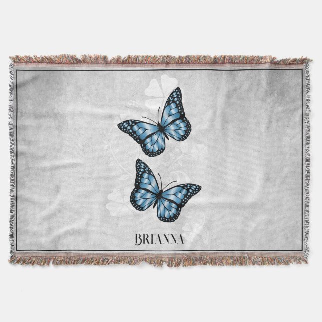 Couverture Papillon bleu floral personnalisées Blanche (Devant)