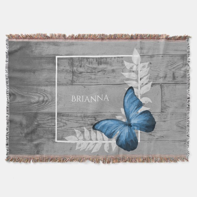Couverture Papillon Bleu Rustique Personnalisé Blanche (Devant)