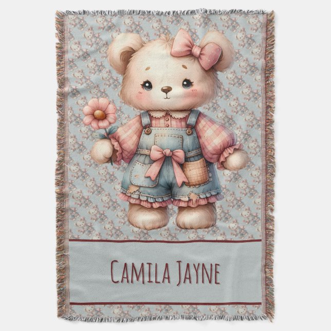 Couverture Pastel Teddy Bear Holding Flower Wear Overalls (devant Vertical)