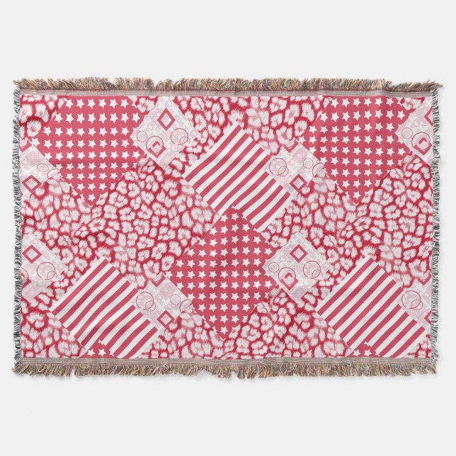 Couverture Patchwork rouge et blanc rustique (Devant)