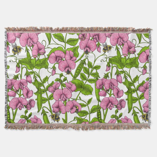 Couverture Pois doux et bourdons, rose, vert et blanc (Devant)