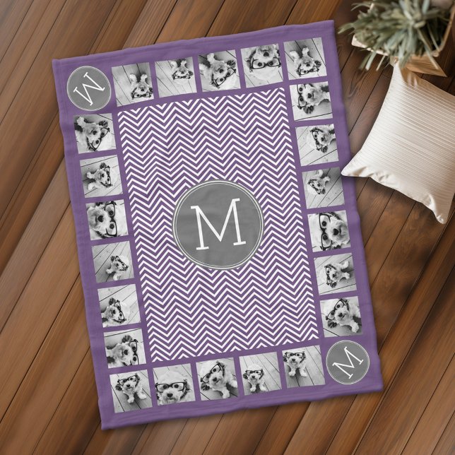 Couverture Polaire 11 Photo Purple Grey Chevron Motif avec Monogramme (Personalized fleece blanket with photos and a monogram)