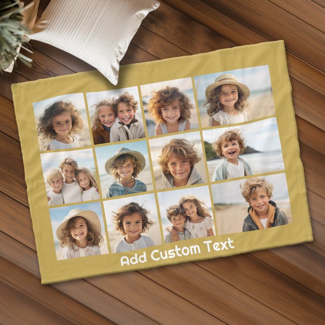 Couverture Polaire 12 Collage photo et texte Arrière - plan or (Personalized fleece blanket with 12 photos and custom text)