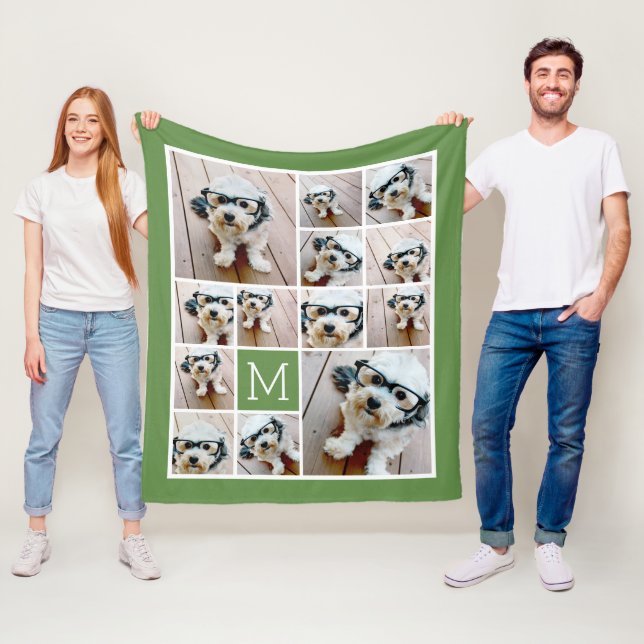 Couverture Polaire 13 Carré Photo Collage Monogramme Vert - vert (En situation)