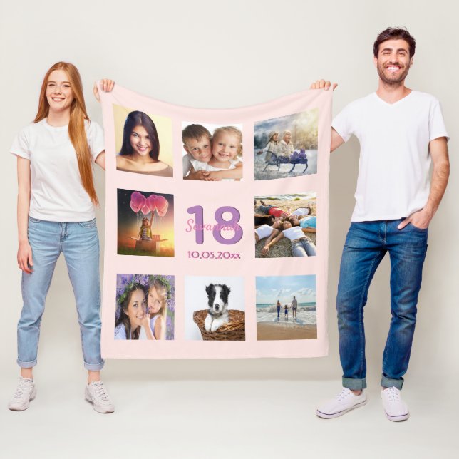 Couverture Polaire 18e anniversaire photo collage rose or rose (En situation)