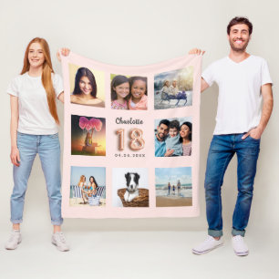 Couverture Polaire 18e anniversaire rose or blush photo collage nom