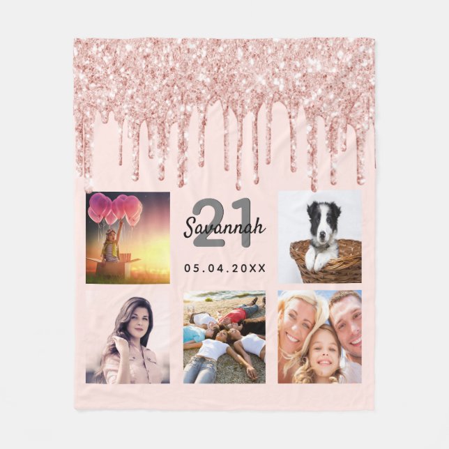 Couverture Polaire 21e anniversaire blush rose or parties scintillant (Devant)