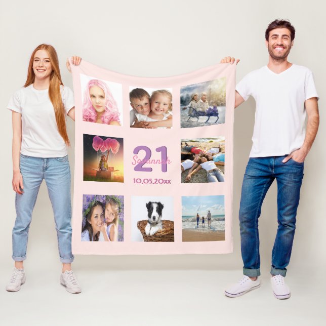 Couverture Polaire 21e anniversaire rose photo collage (En situation)