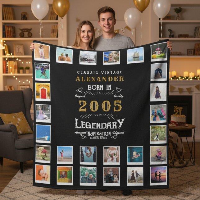 Couverture Polaire 21st Birthday Photo Collage Son Or Husband (2005 fleece photo blanket held up by a couple in a room.)