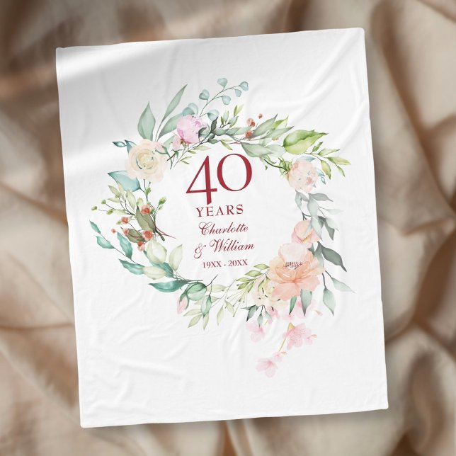 Couverture Polaire 40e anniversaire du Mariage Ruby Floral Garland (40th Ruby Wedding Anniversary Floral Garland Fleece Blanket)