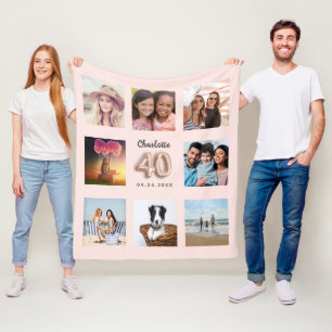 Couverture Polaire 40e anniversaire rose or blush photo collage nom