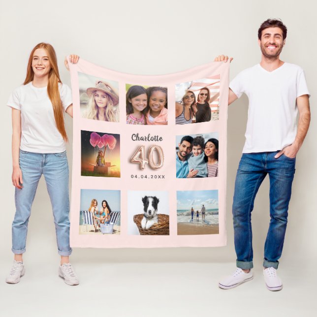 Couverture Polaire 40e anniversaire rose or blush photo collage nom (En situation)