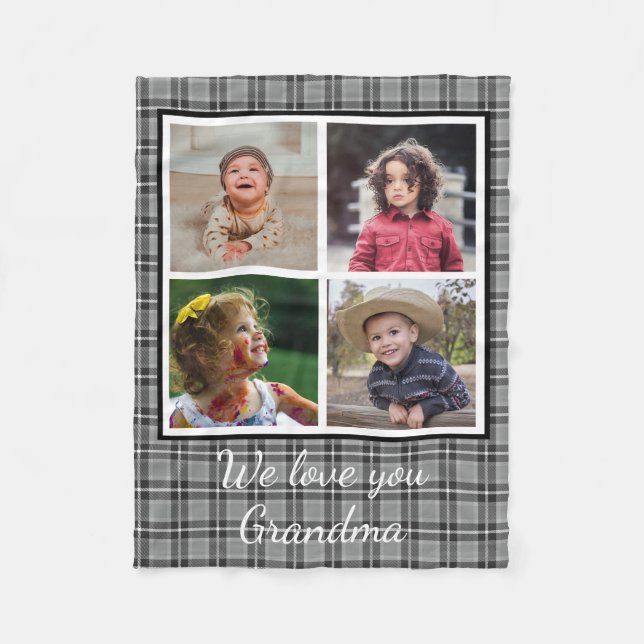 Couverture Polaire 4 Photo Collage Gris Buffalo Plaid Grandma (Devant)