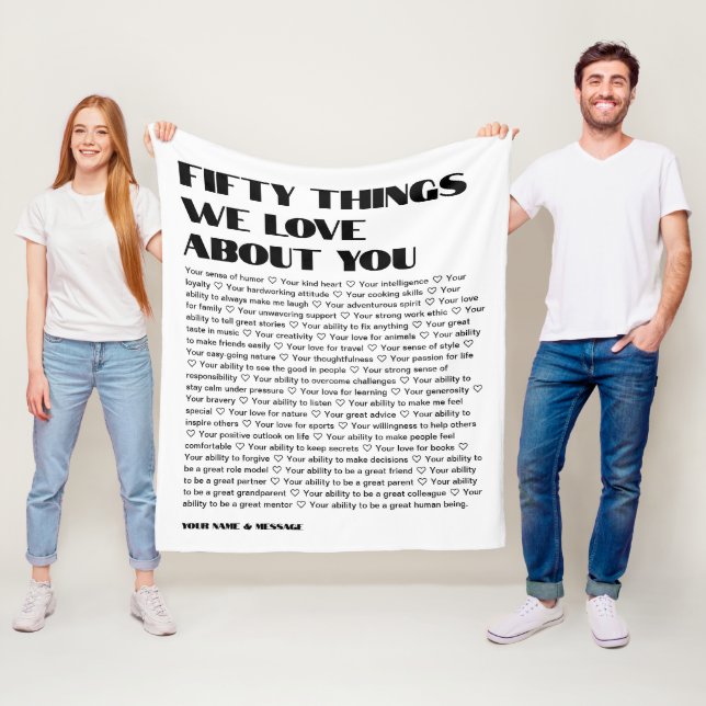 Couverture Polaire 50 choses que nous aimons sur vous modèle Annivers (En situation)