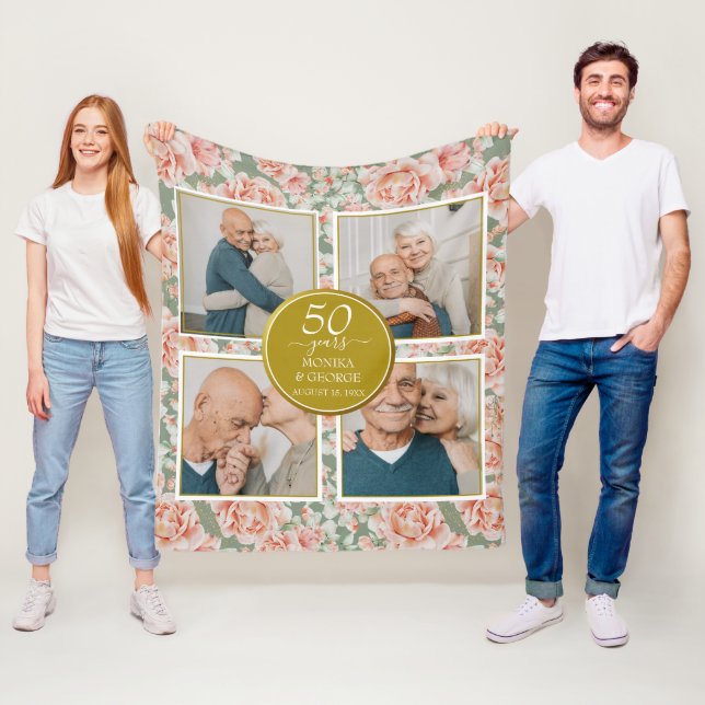 Couverture Polaire 50e anniversaire de Mariage Floral Gold Photo (En situation)