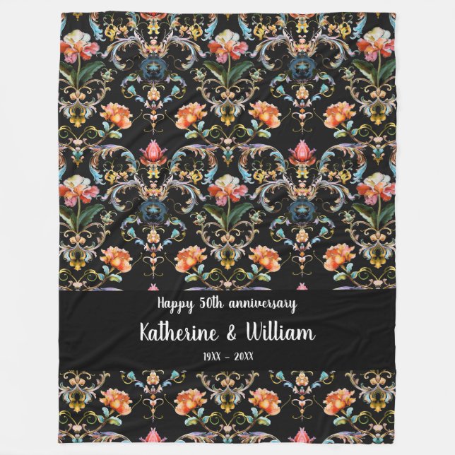 Couverture Polaire 50e anniversaire mariage damas floral (Devant)
