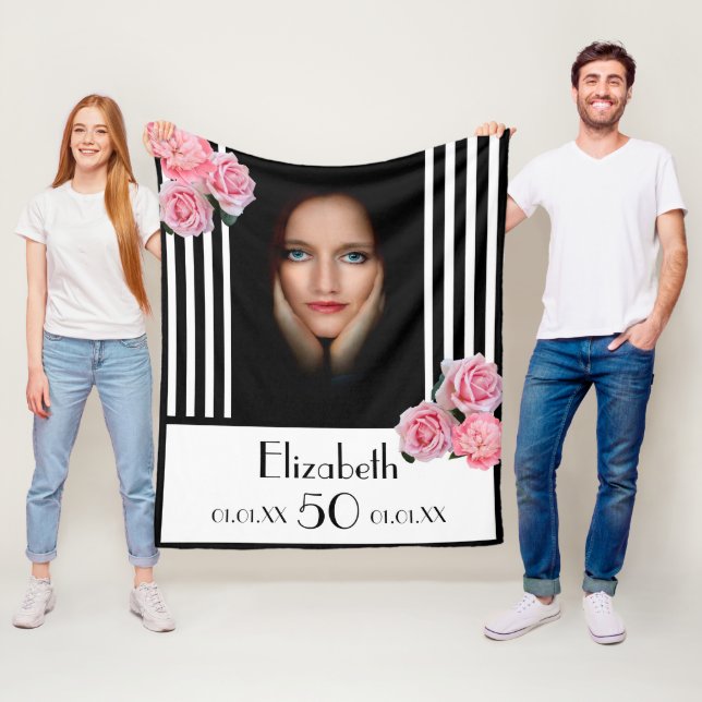 Couverture Polaire 50e anniversaire noir rayures blanches florales ph (En situation)