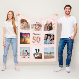 Couverture Polaire 50e anniversaire rose or rose photo nom collage