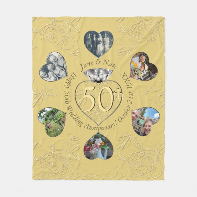 Couverture Polaire 50ème Diamant 6 Photos Coeurs Blanche Toison (Devant)