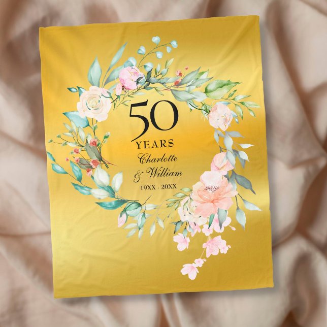 Couverture Polaire 50th Golden Wedding Anniversary Floral Gold Foil (Créateur téléchargé)