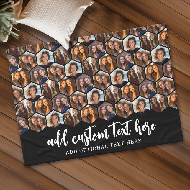 Couverture Polaire 5 Photo Collage Funky Hexagon Motif - noir (Personalized fleece blanket with 5 photos and custom text)