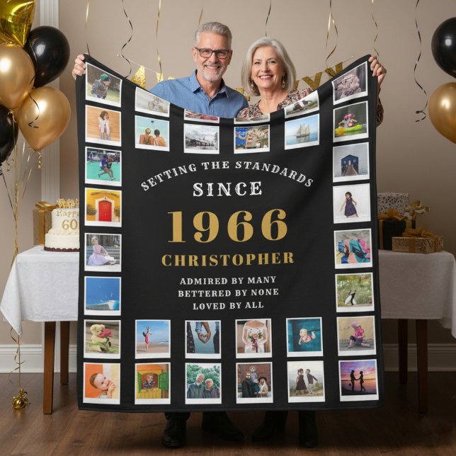 Couverture Polaire 60th Birthday Family Memories Photo Collage  (Born 1966 photo fleece blanket held by a couple.)