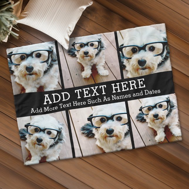 Couverture Polaire 6 Collage photo 2 lignes de texte — CAN Edit Black (Custom Fleece Blanket - Add Photos and Text)