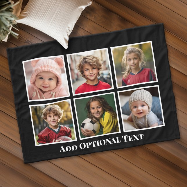Couverture Polaire 6 Photo Collage noir avec texte blanc - grandes ph (Personalized fleece blanket with 6 photos and custom text)