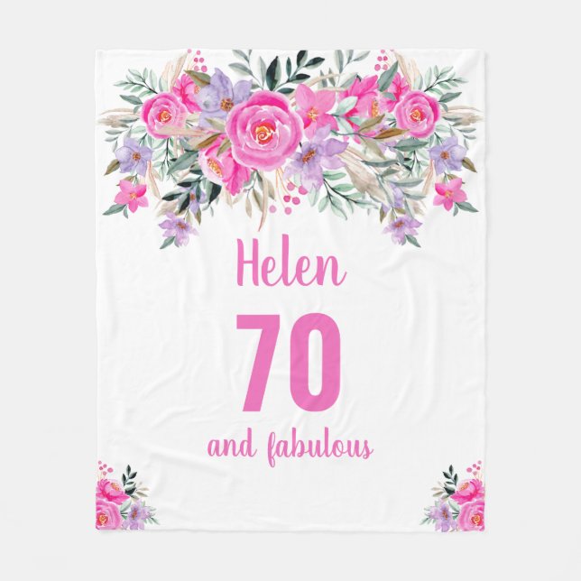 Couverture Polaire 70e anniversaire blanc fleuri rose (Devant)