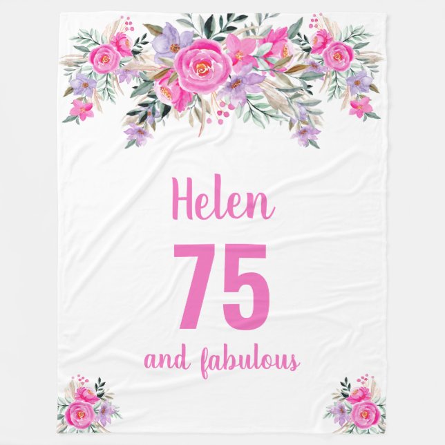 Couverture Polaire 75e anniversaire blanc fleuri rose (Devant)