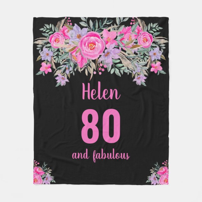 Couverture Polaire 80e anniversaire noir rose floral blanc (Devant)
