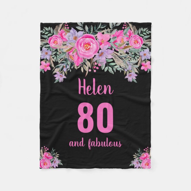 Couverture Polaire 80e anniversaire noir rose floral blanc (Devant)