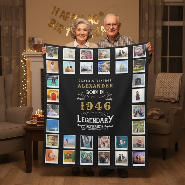 Couverture Polaire 80th Birthday Photo Collage Father Grandfather (1946 fleece blanket held by an elderly couple in a room.)