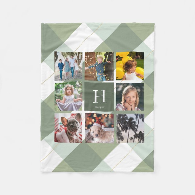 Couverture Polaire 8 Photo Collage Monogramme Sage Vert En vichy Plai (Devant)