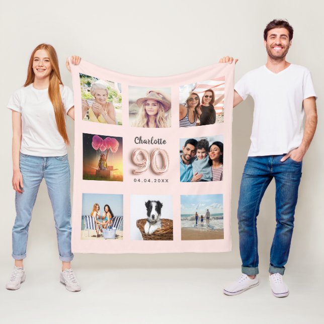 Couverture Polaire 90e anniversaire blush rose or photo collage nom (En situation)