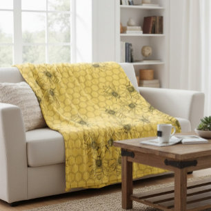 Couverture Polaire Abeilles de miel jaune et peignes de miel