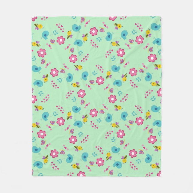 Couverture Polaire Abeilles, oiseaux et fleurs vert motif (Devant)