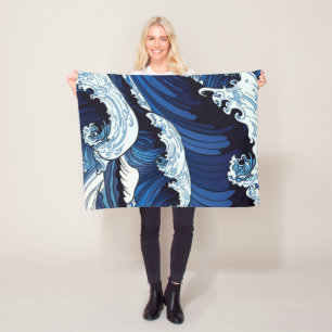Couverture Polaire Abstrait Blue Ocean Waves Art de style japonais  