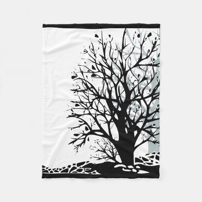Couverture Polaire Abstrait moderne arbre noir silhouette ombre blanc (Devant)