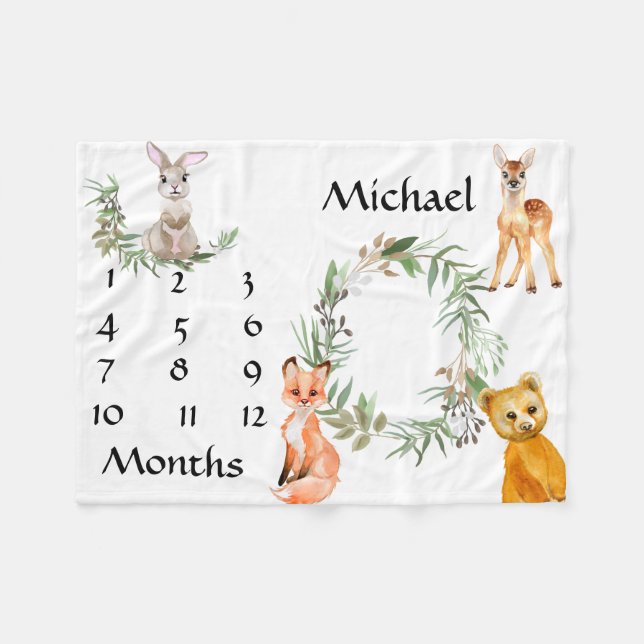 Couverture Polaire Adorable Bois Animaux Fox Milestone Keepsaké (Devant (Horizontal))
