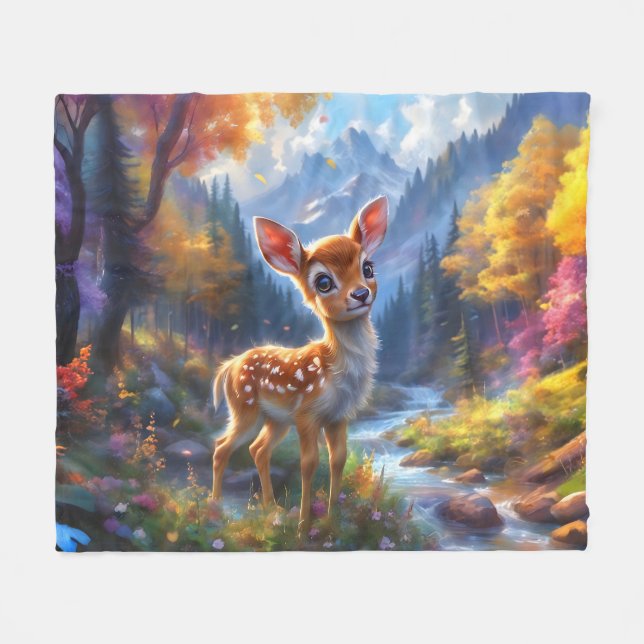 Couverture Polaire Adorable Cerf de Bébé dans une forêt enchantée (Devant (Horizontal))