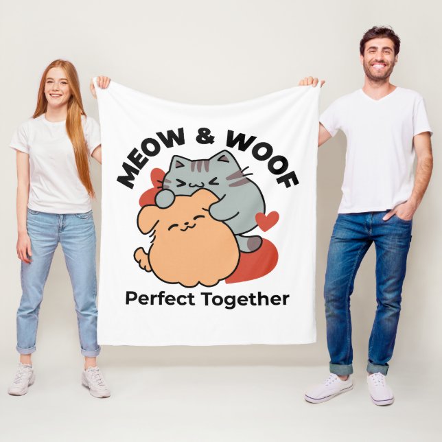 Couverture Polaire Adorable chat et chien Hug - Meow & Woof Design (En situation)
