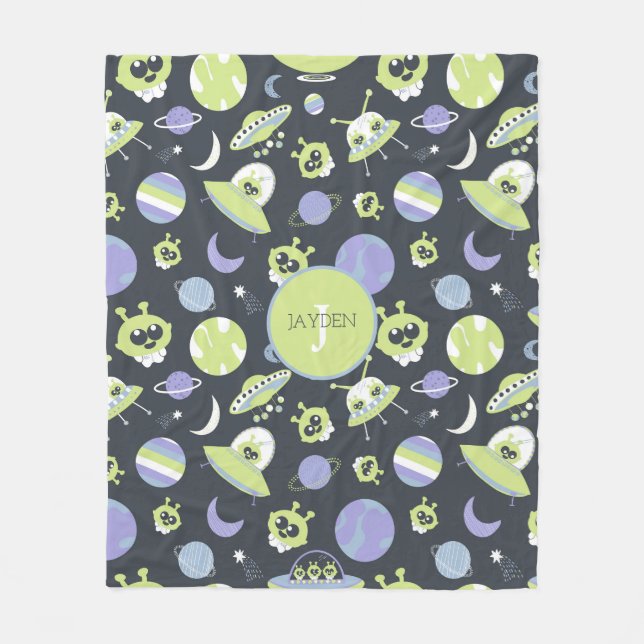Couverture Polaire Adorable Green Aliens Space Ships UFO Kids (Devant)